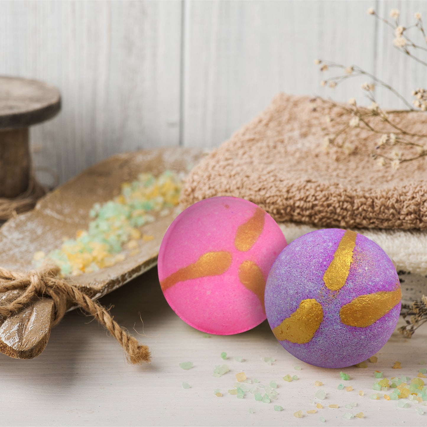 Round floral pastel bath bombs with Lilac, Musk, cherry blossom and red rose fragrances (65 gram each)