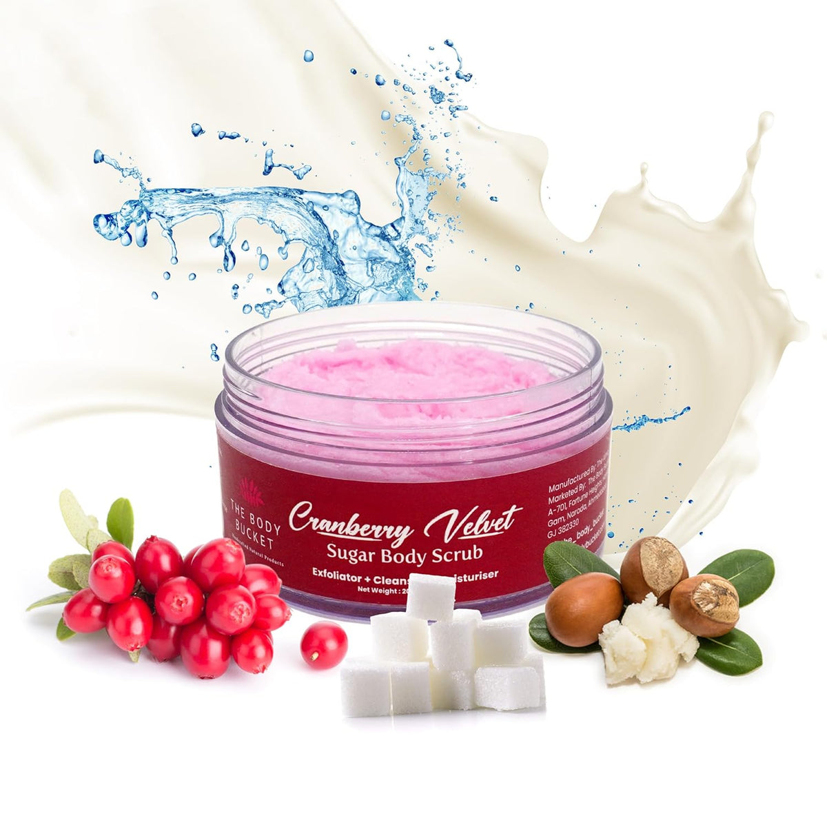 The Body Bucket Sugar Body Scrub 3-in-1 Exfoliator, Cleanser, Moisturizer | Sulfate & Paraben Free(Craneberry)